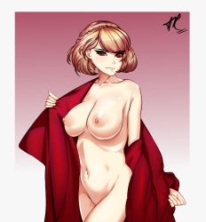 Rule 34 | 1girl, atris2nd, azur lane, blonde hair, braid, breasts, closed mouth, clothes down, unworn clothes, crown braid, highres, large breasts, navel, nipples, nude, prince of wales (azur lane), red eyes, robe, short hair, solo, standing, thighs