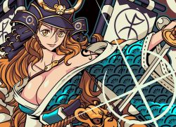 Rule 34 | 1girl, apoloniodraws, armor, holding, holding sword, holding weapon, japanese armor, japanese clothes, long hair, looking at viewer, nami (one piece), one piece, shogun, sword, tattoo, weapon