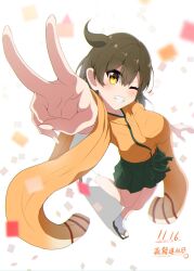 Rule 34 | brown eyes, brown hair, dated, foreshortening, grin, hakama, hakama short skirt, hakama skirt, highres, hiryuu (kancolle), japanese clothes, kantai collection, kimono, looking at viewer, one side up, orange kimono, short hair, skirt, smile, standing, standing on one leg, v, wide sleeves, yuuhi (yuyuhihi)