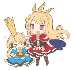Rule 34 | &gt; &lt;, 10s, 2girls, :d, armor, black footwear, black legwear, blonde hair, blue dress, blush, boots, bow, breastplate, bullying, cagliostro (granblue fantasy), cape, charlotta (granblue fantasy), chibi, closed eyes, crown, dress, frilled dress, frills, gauntlets, granblue fantasy, hairband, hands on own head, harvin, height conscious, height difference, long hair, looking at another, multiple girls, open mouth, pointy ears, puffy short sleeves, puffy sleeves, purple eyes, red bow, red skirt, shiroi hakuto, short sleeves, simple background, skirt, smile, standing, thighhighs, vest, white background
