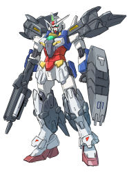 Rule 34 | absurdres, blue eyes, clenched hands, core gundam, fusion, geminass gundam, glowing, glowing eyes, gun, gundam, gundam build divers, gundam build divers re:rise, gundam wing, gundam wing dual story: g-unit, highres, holding, holding gun, holding weapon, mecha, no humans, robot, solo, standing, sukekiyo56, weapon, white background