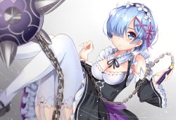 Rule 34 | 10s, 1girl, :o, ball and chain (weapon), blue eyes, blue hair, breasts, chain, cleavage, detached collar, detached sleeves, dress, eyebrows, flail, frilled dress, frilled sleeves, frills, hair ornament, hair over one eye, highres, holding, holding weapon, looking at viewer, mace, maid, maid headdress, mary janes, matching hair/eyes, medium breasts, nahaki, open mouth, re:zero kara hajimeru isekai seikatsu, rem (re:zero), ribbon-trimmed clothes, ribbon-trimmed collar, ribbon-trimmed sleeves, ribbon trim, shoes, short hair, sin-poi, solo, spiked mace, spikes, thighhighs, underbust, weapon, white thighhighs, x hair ornament
