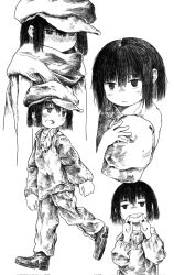 Rule 34 | 1girl, closed mouth, fingersmile, greyscale, hand up, hands up, hat, highres, holding, holding clothes, holding hat, jitome, kilsturgeon, long sleeves, monochrome, multiple views, no mouth, open mouth, original, short hair, sidelocks, simple background