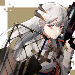 Rule 34 | 1girl, arknights, black choker, brown background, choker, closed mouth, commentary request, dragon horns, highres, holding, holding shield, holding weapon, horns, long hair, long sleeves, looking at viewer, safaiya, saria (arknights), shield, shirt, silver hair, solo, syringe gun, upper body, weapon, white background, white shirt