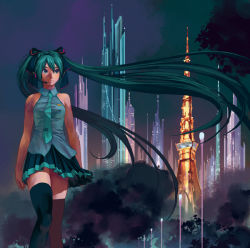 Rule 34 | 1girl, cityscape, floating hair, green hair, hatsune miku, headset, long hair, necktie, reise, skirt, solo, thighhighs, twintails, very long hair, vocaloid