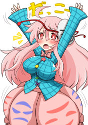 Rule 34 | 1girl, ahoge, arms up, blush, bouncing breasts, breasts, checkered clothes, checkered skirt, hata no kokoro, impossible clothes, impossible shirt, large breasts, long hair, mask, navel, open mouth, pink eyes, pink hair, plaid, plaid shirt, rindou (p41neko), shirt, skirt, solo, touhou