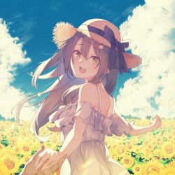 Rule 34 | 1girl, :d, bare shoulders, black bow, blue sky, bow, brown eyes, brown hair, brown headwear, cat hair ornament, character request, cloud, commentary request, day, dress, field, flower, flower field, fujiwara mizuki, hair between eyes, hair ornament, hairclip, hat, hat bow, holding hands, iriam, long hair, looking at viewer, looking back, off-shoulder dress, off shoulder, open mouth, outdoors, sky, smile, solo focus, straw hat, summer, sunflower, sunflower field, teeth, upper teeth only, very long hair, virtual youtuber, white dress, yellow flower