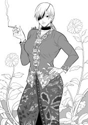 1girl absurdres chainsaw_man choker cigarette earrings eyepatch flower greyscale highres indonesian_clothes jewelry kebaya kei_dragonsheaven looking_at_viewer monochrome print_skirt quanxi_(chainsaw_man) skirt smoking solo