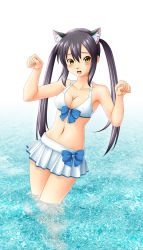 Rule 34 | 1girl, animal ears, bikini, black hair, bow, breasts, cat ears, cleavage, front-tie top, fukuoka katsumi, k-on!, long hair, nakano azusa, navel, open mouth, paw pose, skirt, solo, swimsuit, twintails, wading, water, yellow eyes