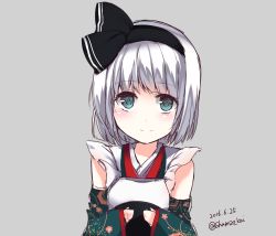 Rule 34 | 1girl, alternate costume, aqua eyes, bare shoulders, detached sleeves, floral print, grey background, hairband, highres, konpaku youmu, looking at viewer, shamuichi, short hair, silver hair, simple background, smile, solo, touhou, tray, waitress