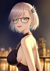 Rule 34 | absurdres, bare shoulders, blurry, braid, braided bangs, breasts, building, cityscape, depth of field, earrings, glasses, green eyes, hair ornament, highres, hololive, hololive indonesia, jewelry, large breasts, night, open mouth, pavolia reine, rayleigh scale, short hair, sideboob, skyscraper, sleeveless, smile, virtual youtuber