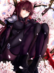 Rule 34 | 1girl, bodysuit, breasts, cherry blossoms, fate/grand order, fate (series), highres, large breasts, long hair, purple bodysuit, purple hair, red eyes, scathach (fate), scathach (fate), solo, thighhighs, weapon, xyomouse
