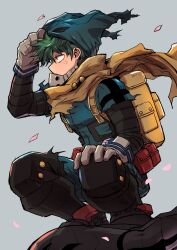 Rule 34 | 1boy, adjusting mask, arm up, backpack, bag, belt pouch, bodysuit, boku no hero academia, cape, chiyaya, covered mouth, curly hair, falling petals, floating cape, floating clothes, freckles, from side, full body, gloves, green bodysuit, green hair, green mask, grey background, grey gloves, hand on own knee, highres, male focus, mask, mask on head, midoriya izuku, official alternate costume, petals, pouch, profile, short hair, simple background, slav squatting, solo, spoilers, squatting, torn sleeve, wind, yellow bag, yellow cape