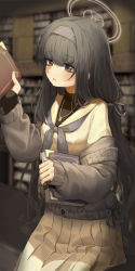 Rule 34 | 1girl, absurdres, black eyes, black hair, black shirt, blue archive, blue hairband, blush, book, cardigan, cowboy shot, glasses, hairband, halo, highres, holding, holding book, jewelry, long hair, long sleeves, necklace, open cardigan, open clothes, parted lips, pleated skirt, polyvora, shirt, skirt, solo, ui (blue archive), undershirt, white shirt, white skirt
