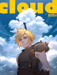 Rule 34 | 1boy, armor, artist name, bandaged arm, bandages, belt, bird, blonde hair, blue eyes, brown belt, buster sword, character name, closed mouth, cloud, cloud strife, cloudy sky, final fantasy, final fantasy vii, final fantasy vii rebirth, final fantasy vii remake, highres, male focus, noinoichebura, short hair, shoulder armor, single bare shoulder, single shoulder pad, sky, sleeveless, sleeveless turtleneck, solo, spiked hair, suspenders, turtleneck, twitter username, upper body, weapon, weapon on back