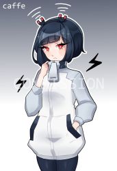 Rule 34 | 1girl, black hair, black pantyhose, blush, caffe0w0, commentary, commission, english commentary, frown, grey background, hand in pocket, highres, jacket, jitomi monoe, lightning bolt symbol, looking at viewer, magnet, pantyhose, red eyes, short hair, solo, virtual youtuber, voms, watermark, white jacket