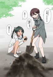 Rule 34 | 2girls, black hair, boots, brown eyes, brown hair, commentary request, francesca lucchini, full body, gertrud barkhorn, green eyes, grey shirt, highres, long hair, low twintails, military, military uniform, momojiri chiquita, multiple girls, no pants, sand, shirt, shovel, strike witches, translation request, twintails, uniform, white footwear, white shirt, world witches series