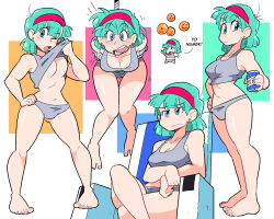 Rule 34 | 1girl, alcohol, aqua hair, barefoot, beer, beer can, blue eyes, blush, breasts, bulma, can, chair, chibi, cleavage, closed mouth, collarbone, crossed legs, dragon ball, dragon ball (object), dragonball z, drink can, earrings, frown, full body, gluteal fold, grey panties, grey shirt, hairband, hand on own hip, highres, holding, holding can, jewelry, large breasts, medium hair, midriff, multiple views, no bra, open mouth, panties, red hairband, rope, scott malin, shirt, sitting, standing, surprised, tank top, underwear
