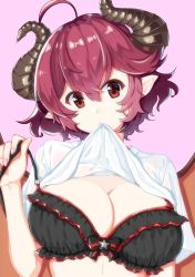 Rule 34 | 1girl, absurdres, baozha gangbi, black bra, blush, bra, breasts, brown eyes, cleavage, closed mouth, clothes in mouth, clothes lift, grea (shingeki no bahamut), highres, horns, large breasts, lifted by self, looking at viewer, mouth hold, red hair, shingeki no bahamut, shirt, shirt in mouth, shirt lift, short hair, underboob, underwear, white shirt