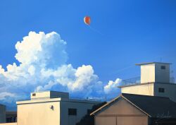 Rule 34 | alu.m (alpcmas), balloon, blue sky, building, cloud, cumulonimbus cloud, day, house, no humans, original, outdoors, power lines, scenery, signature, sky, urban
