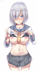 Rule 34 | 1girl, bikini, bikini top lift, bikini top only, bikini under clothes, black bikini, blue eyes, blush, breasts, closed mouth, clothes lift, collarbone, cowboy shot, eyes visible through hair, flashing, frown, grey skirt, hair ornament, hair over one eye, hairclip, hamakaze (kancolle), kantai collection, large breasts, lifting own clothes, looking at viewer, miniskirt, navel, neckerchief, nipple slip, nipples, nose blush, pleated skirt, shirt, shirt lift, short hair, short sleeves, silver bell, silver hair, simple background, skirt, solo, standing, stomach, swimsuit, v, white background, white shirt, yellow neckerchief