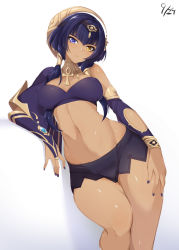 Rule 34 | 1girl, ankh, bandeau, black hairband, black nails, black shorts, blue eyes, blue hair, blunt bangs, breasts, bridal gauntlets, candace (genshin impact), commentary request, dated, detached sleeves, feet out of frame, genshin impact, groin, hairband, head tilt, heterochromia, highres, jewelry, large breasts, long hair, long sleeves, looking at viewer, midriff, nail polish, navel, neck ring, short shorts, shorts, single bare shoulder, solo, stomach, thighs, white background, yellow eyes, yu-ta
