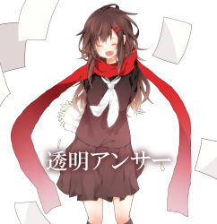 Rule 34 | 1girl, bad id, bad pixiv id, black hair, bouquet, closed eyes, enpera, flower, gradient scarf, hair ornament, hairclip, highres, holding, holding behind back, kagerou project, long hair, long scarf, messy hair, paper, red scarf, scarf, school uniform, serafuku, smile, solo, tateyama ayano, tears, toumei answer (vocaloid), vocaloid, watarai