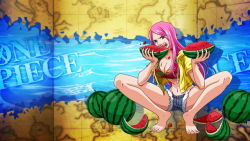 Rule 34 | 1girl, breasts, cleavage, food, fruit, jewelry bonney, large breasts, long hair, looking at viewer, melon, midriff, navel, one piece, pink hair, spread legs, tagme