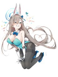 Rule 34 | 1girl, animal ears, asuna (blue archive), asuna (bunny) (blue archive), bare shoulders, black pantyhose, blue archive, blue bow, blue bowtie, blue eyes, blue footwear, blue leotard, bow, bowtie, breasts, cleavage, deitaku, detached collar, fake animal ears, gloves, grin, hair over one eye, halo, highleg, highleg leotard, highres, large breasts, leotard, light brown hair, long hair, mole, mole on breast, pantyhose, playboy bunny, rabbit ears, rabbit tail, smile, solo, strapless, strapless leotard, tail, traditional bowtie, very long hair, white gloves