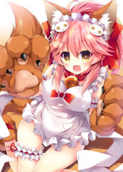 Rule 34 | 1girl, :d, animal ears, animal hands, apron, arm garter, bell, blush, bow, breasts, bridal garter, bright pupils, cat hair ornament, claws, collar, fangs, fate/grand order, fate (series), fox ears, fox tail, frilled apron, frills, from above, hair between eyes, hair ornament, hair ribbon, hands up, jingle bell, knees together feet apart, large breasts, long hair, looking at viewer, maid headdress, nanamomo rio, neck bell, on floor, open mouth, pink hair, pocket, red bow, red collar, red ribbon, ribbon, shadow, smile, solo, tail, tamamo (fate), tamamo cat (fate), tamamo cat (third ascension) (fate), tamamo no mae (fate/extra), white apron, wooden floor, yellow eyes