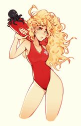 Rule 34 | 1girl, artist name, blonde hair, breasts, covered navel, cowboy shot, cropped legs, green eyes, highres, holding, holding swim ring, innertube, lifebuoy, lifeguard, long hair, looking at viewer, medium breasts, octopus, one-piece swimsuit, original, oxcoxa, parted lips, red one-piece swimsuit, simple background, solo, swim ring, swimsuit