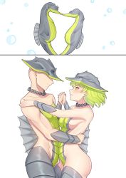 Rule 34 | 1boy, 1girl, band-width, bubble, fins, fish, green eyes, green hair, hand on another&#039;s back, hand on another&#039;s shoulder, highres, holding hands, jewelry, kiss, necklace, no eyes, original, personification, seahorse, smile, waltz (dance)
