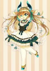 Rule 34 | 1girl, absurdres, animal ears, borrowed character, brown hair, corset, deer ears, dress, frilled dress, frills, furry, furry female, green eyes, highres, hooves, layered dress, long hair, open mouth, solo, tai tai kun