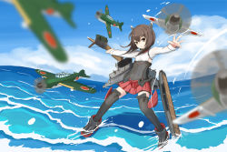 Rule 34 | 10s, 1girl, aircraft, airplane, armor, bad id, bad pixiv id, bike shorts, blush, boots, bow (weapon), brown eyes, brown hair, cloud, crossbow, day, flat chest, flight deck, headband, headgear, kantai collection, ocean, personification, pokasu, short hair, shorts, shorts under skirt, skirt, sky, taihou (kancolle), thigh boots, thighhighs, water, weapon, yokosuka d4y