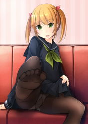 Rule 34 | 1girl, black pantyhose, blonde hair, clothes lift, couch, feet, foot focus, green eyes, highres, leg up, long hair, looking at viewer, no shoes, panties, panties under pantyhose, pantyhose, parted lips, pov, school uniform, serafuku, sitting, skirt, skirt lift, soles, solo, toes, twintails, underwear