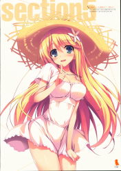 Rule 34 | 1girl, absurdres, blonde hair, blue eyes, blush, breasts, cleavage, collarbone, cross, cross necklace, dress, elise (koakuma teeri to kyuuseishu!?), flower, hair flower, hair ornament, hat, highres, index finger raised, jewelry, koakuma teeri to kyuuseishu!?, large breasts, long hair, looking at viewer, necklace, open mouth, scan, short dress, short sleeves, simple background, smile, solo, sun hat, tomose shunsaku, white dress