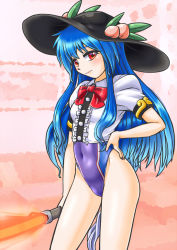 Rule 34 | 1girl, black hat, blue hair, commentary request, competition swimsuit, covered navel, cowboy shot, food, fruit, hand on own hip, hat, highleg, highleg swimsuit, hinanawi tenshi, holding, holding weapon, keystone, long hair, looking at viewer, mail (mail gell), one-piece swimsuit, peach, puffy short sleeves, puffy sleeves, purple one-piece swimsuit, rainbow order, red eyes, shirt, shoes, short sleeves, skirt, solo, standing, swimsuit, swimsuit under clothes, sword, sword of hisou, touhou, weapon, white shirt
