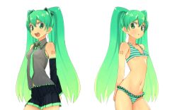 Rule 34 | 2girls, bad id, bad pixiv id, bikini, cowboy shot, detached sleeves, domo1220, green eyes, green hair, hatsune miku, highres, long hair, multiple girls, narrow waist, navel, necktie, open mouth, simple background, skirt, striped bikini, striped clothes, swimsuit, symmetry, twintails, very long hair, vocaloid, white background
