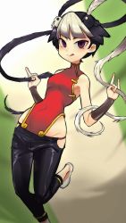 Rule 34 | 1girl, arm guards, armpits, bare shoulders, bird, black hair, capri pants, chinese clothes, covered navel, feather hair ornament, feng (skullgirls), full body, hair ornament, highres, hip bones, leg up, licking lips, looking at viewer, multicolored hair, pants, purple eyes, short hair, skullgirls, solo, tongue, tongue out, two-tone hair, white hair, xue jiang (simoncry)