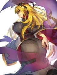 Rule 34 | 1girl, ass, blonde hair, breasts, female focus, highres, junko (touhou), large breasts, long hair, long sleeves, melon22, red eyes, simple background, sketch, solo, tabard, touhou, very long hair