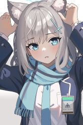 Rule 34 | 1girl, absurdres, animal ear fluff, animal ears, arms up, blue archive, blue eyes, blue halo, blue jacket, blue necktie, blue scarf, blush, commentary, cross hair ornament, diamond-shaped pupils, diamond (shape), facing viewer, grey background, grey hair, guoranchi, hair ornament, halo, highres, jacket, long sleeves, looking ahead, medium hair, mismatched pupils, necktie, parted lips, scarf, school uniform, shiroko (blue archive), shirt, simple background, solo, symbol-shaped pupils, upper body, white shirt, wolf ears