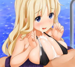 Rule 34 | 1girl, bikini, blonde hair, blue eyes, blush, breasts squeezed together, breasts, censored, cum, cum on body, cum on breasts, cum on clothes, cum on upper body, covered erect nipples, facial, kaisen chuui, large breasts, original, paizuri, paizuri under clothes, penis, penis under another&#039;s clothes, pointless censoring, pool, pool ladder, smile, solo focus, swimsuit