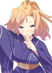 Rule 34 | 1girl, blonde hair, blue eyes, blue kimono, commentary request, cowboy shot, finger to mouth, honolulu (kancolle), index finger raised, japanese clothes, kantai collection, kimono, long hair, official alternate costume, ponytail, sanninme no haru, simple background, solo, white background, yukata