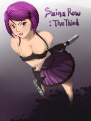 Rule 34 | 1girl, bare shoulders, black gloves, bob cut, breasts, bustier, cleavage, corset, dual wielding, earrings, from above, gloves, gun, hair ornament, hairclip, handgun, haruto katase, holding, jewelry, lipstick, makeup, pistol, purple eyes, purple hair, saints row, saints row: the third, skirt, solo, typo, weapon