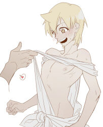 Rule 34 | 1boy, ali baba saluja, assisted exposure, aximor, blonde hair, blush, collarbone, groin, heart, magi the labyrinth of magic, male focus, nipples, open mouth, simple background, solo focus, spoken heart, surprised, sweat, toga, yellow eyes