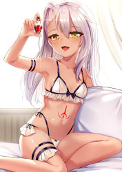 Rule 34 | 1girl, arm up, armpits, bare shoulders, blush, bottle, bra, breasts, chloe von einzbern, curtains, dark-skinned female, dark skin, fate/kaleid liner prisma illya, fate (series), hair between eyes, highres, holding, lingerie, long hair, looking at viewer, navel, on bed, one side up, open mouth, panties, pillow, silver hair, sitting, small breasts, smile, solo, stomach tattoo, tattoo, thighs, underwear, white bra, white panties, yan (nicknikg), yellow eyes