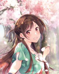 Rule 34 | 1girl, brown eyes, brown hair, cherry blossoms, cover, earrings, half updo, highres, jewelry, kanojo okarishimasu, long hair, looking at viewer, mizuhara chizuru, official art, outdoors, outstretched arm, smile, solo, spring (season), upper body