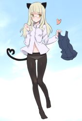 Rule 34 | 1girl, animal ears, aohashi ame, black pantyhose, blonde hair, blue background, blue one-piece swimsuit, blush, cat ears, cat tail, clenched hand, closed mouth, commentary request, dress shirt, full body, glasses, gluteal fold, heart, heart tail, highres, holding, holding clothes, holding swimsuit, legs, long hair, long sleeves, looking at viewer, lowleg, lowleg panties, navel, no pants, old school swimsuit, one-piece swimsuit, panties, panties under pantyhose, pantyhose, perrine h. clostermann, rimless eyewear, school swimsuit, shirt, smile, solo, standing, standing on one leg, strike witches, swimsuit, tail, thigh gap, unbuttoned, unbuttoned shirt, underwear, unworn swimsuit, white shirt, world witches series, yellow eyes
