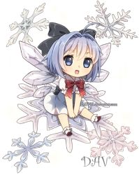 Rule 34 | 1girl, :d, antenna hair, artist name, between legs, blue eyes, blue hair, bow, bowtie, chibi, cirno, dav-19, dress, full body, hair ribbon, hand between legs, ice, ice wings, matching hair/eyes, open mouth, ribbon, smile, snowflakes, solo, sparkle, touhou, transparent background, watermark, web address, wings