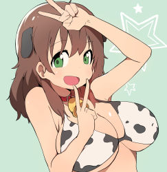 Rule 34 | 1girl, absurdres, animal ears, animal print, bell, blush, breasts, brown hair, bural chingu, cleavage, collar, cow ears, cow girl, cow print, cowbell, double v, green eyes, ham na-bi, highres, large breasts, looking at viewer, luke (dydansgur), neck bell, open mouth, original, short twintails, simple background, smile, solo, twintails, upper body, v